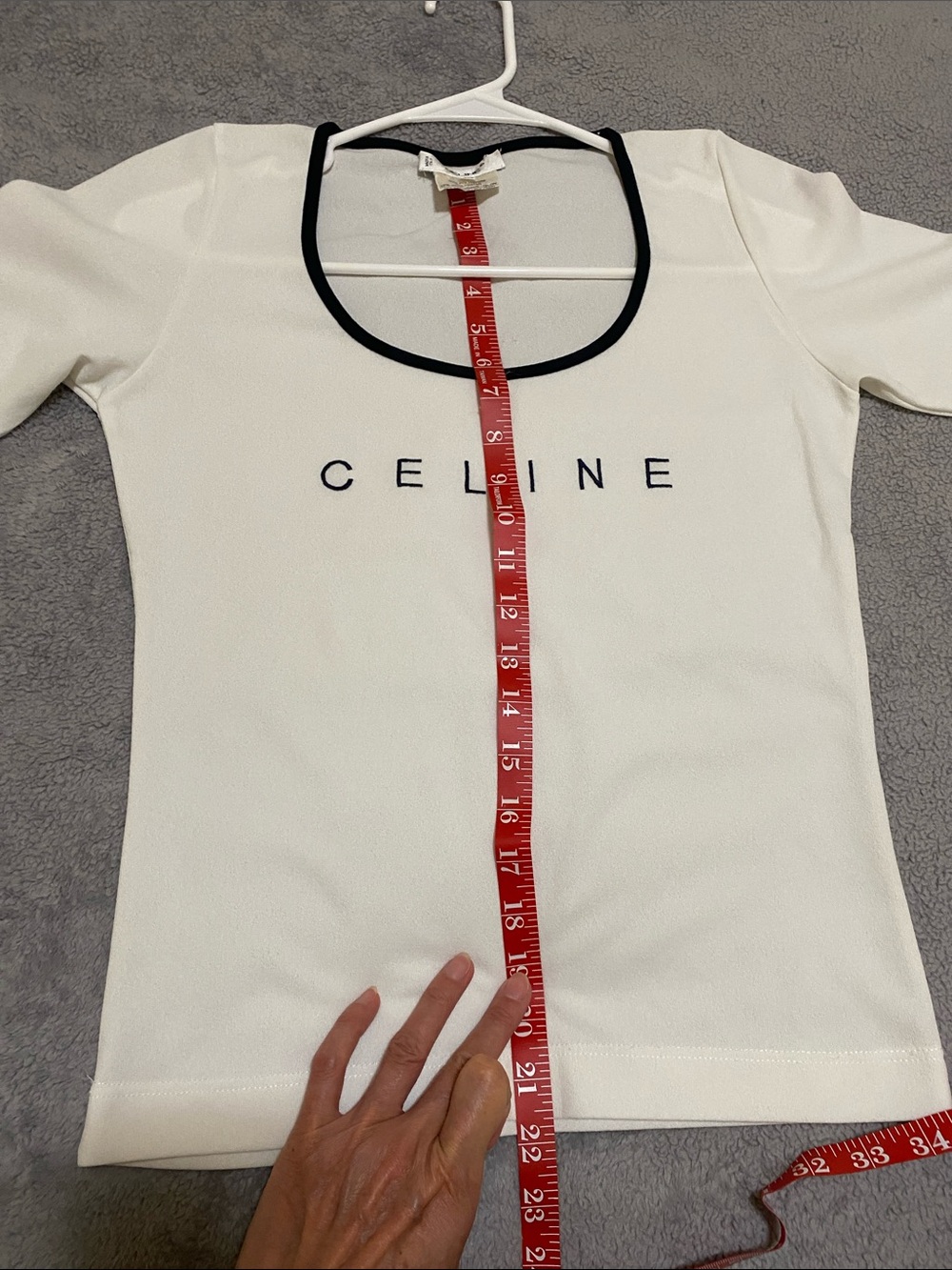 Celine White Scoop Neck Tee with Black Trim and Logo - Picture 10 of 11